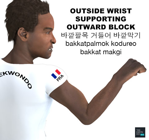 (Outside Wrist) Supporting Outward Block ( (바깥팔목) 거들어 바깥막기 (bakkatpalmok) kodureo bakkat makgi )