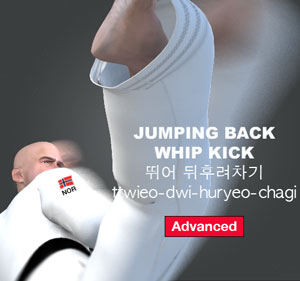 Jumping Back Whip Kick ( 뛰어 뒤후려차기 ttwieo-dwi-huryeo-chagi )